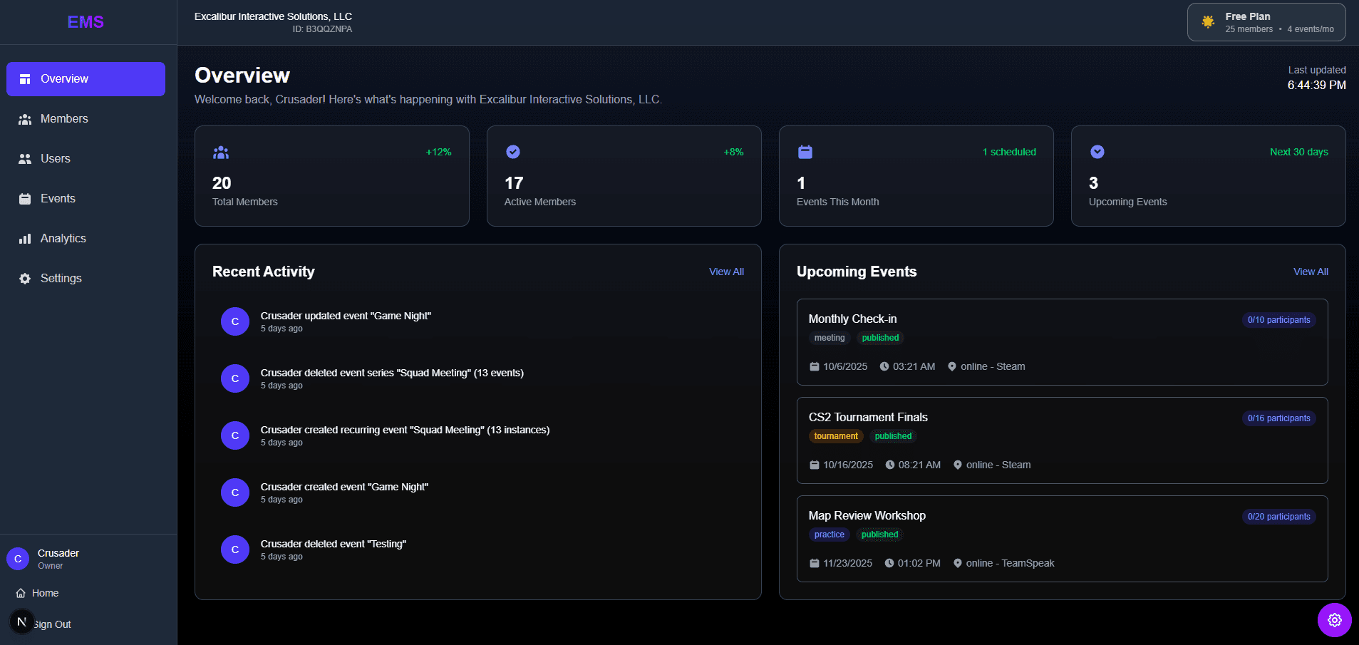 Excalibur Management System Dashboard